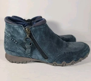 Skechers Relaxed Fit Bikers Zappiest 49590 Suede Navy Ankle Boots Women's Sz 8.5 - Picture 1 of 11