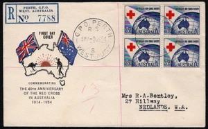 1954 3-1/2 RED CROSS BLOCK OF 4 ON CHALLIS FIRST DAY COVER - ADDRESSED (RU11442) - Foto 1 di 1