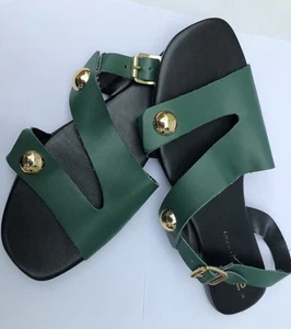 Tu Ladies Green Sandals Size 8 Slip On Flip Flops Flat Gold Studs Faux Leather - Picture 1 of 6