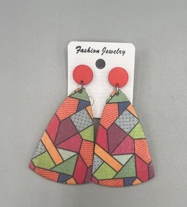 New Boho Hippie Chick Wooden Dangle stud Earrings Orange Red Geometric 2.75" - Picture 1 of 2