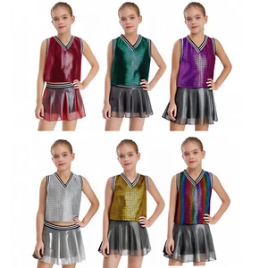 Abiti per bambini ragazze set 2 pezzi abbigliamento da ballo outfit plaid metallizzato uniformi - Foto 1 di 37