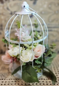 Small Distressed Metal Birdcage w/ Silk Flower Arrangement Centerpiece 10.5" - Picture 1 of 9