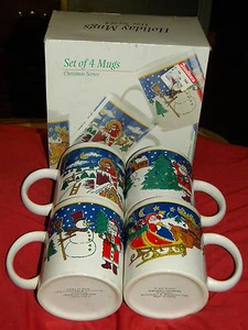 JUEGO DE 4 TAZAS RIVIERA VAN CERVEZAS GRES ESCENA NAVIDAD NAVIDAD CON CAJA MUÑECO DE NIEVE SANTA - Imagen 1 de 4