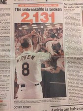 Cal Ripken Jr. USA Today Iron Man 2,131 Consecutive Games 7 Sep 1995 Orioles