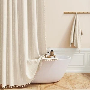 BTTN 78 Inch Long Shower Curtain - Boho Farmhouse Linen Thick Striped Fabric ... - Picture 1 of 7