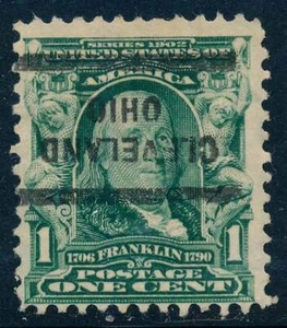 US Scott# 300 1c Franklin Cleveland OH INVERTED Precancel Stamp NO RESERVE - Picture 1 of 3