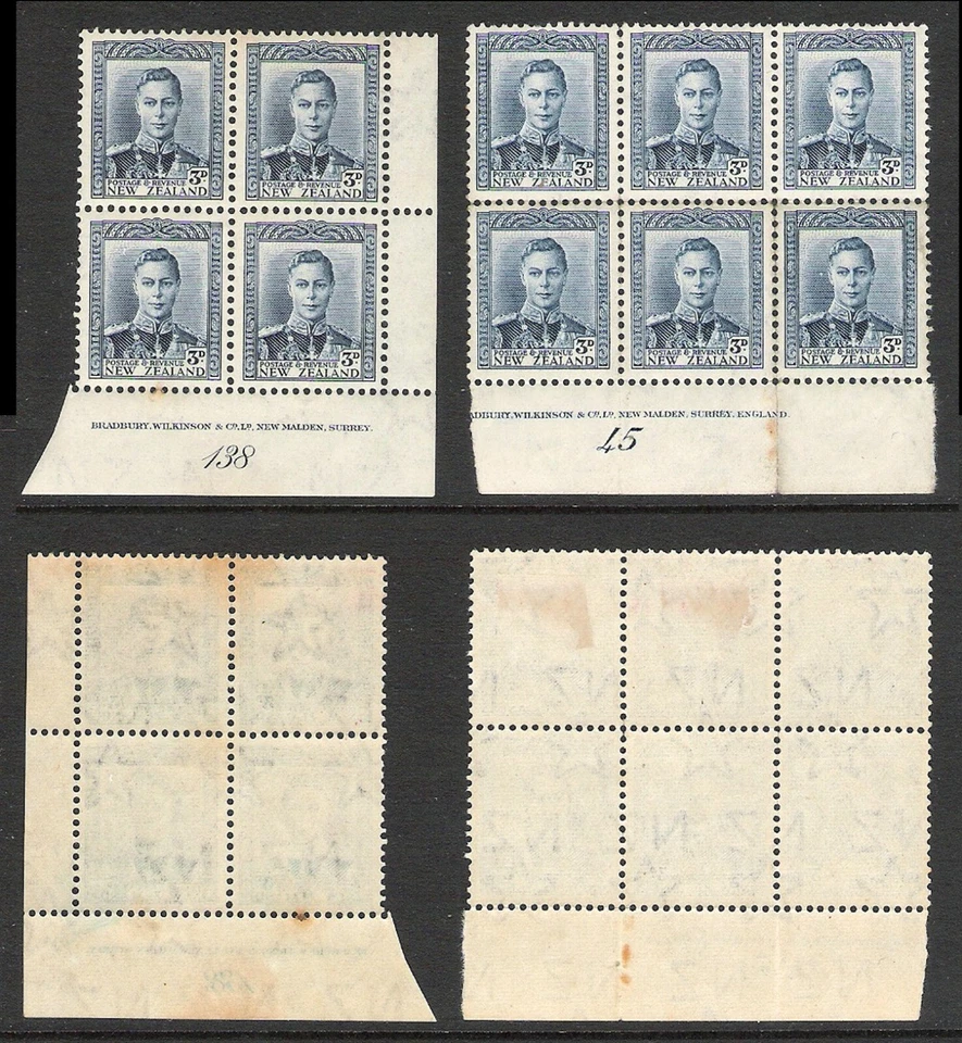 NEW ZEALAND 1941 KGVI 3d BLUE PLATE 45, 138 'BARGAIN' BLOCKS (HM) CP M7c; CV$30 - Image 1 of 1