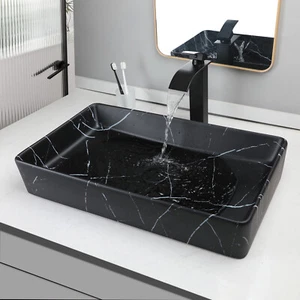 US Black Bathroom Sink Rectangle Ceramic Washing Basin Deck Mount Waterfall Taps - Picture 1 of 7