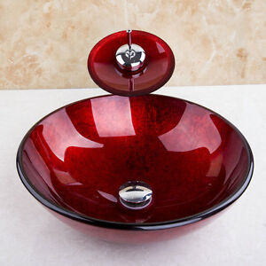 Bathroom Red Round Tempered Glass Basin Set Vessel Vanity Sink bowl + Faucet