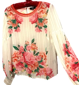 VICI Top M Beautiful Silky White With Pink Floral Print Cottagecore Shirt Blouse - Picture 1 of 7