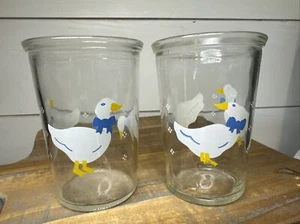 BAMA Jelly Jar White Ducks Geese Blue Bows Juice Glasses set of 2  Vintage - Picture 1 of 9