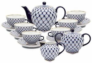 Lomonosov 23-pc HQ Dining Tea Cup Set, Russian Saint Petersburg Cobalt Blue Net