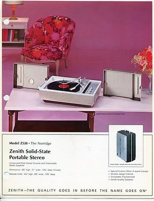 Vintage ZENITH Sales Sheet: Portable Stereo Phonograph "Model Z538"  - Image 1 of 2