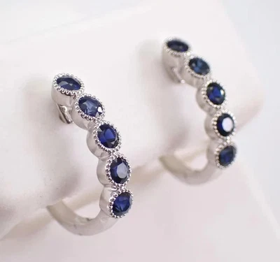 14K White Gold Plated 0.80Ct Round Cut Lab-Created Sapphire Huggie Hoop Earrings - Image 1 of 4