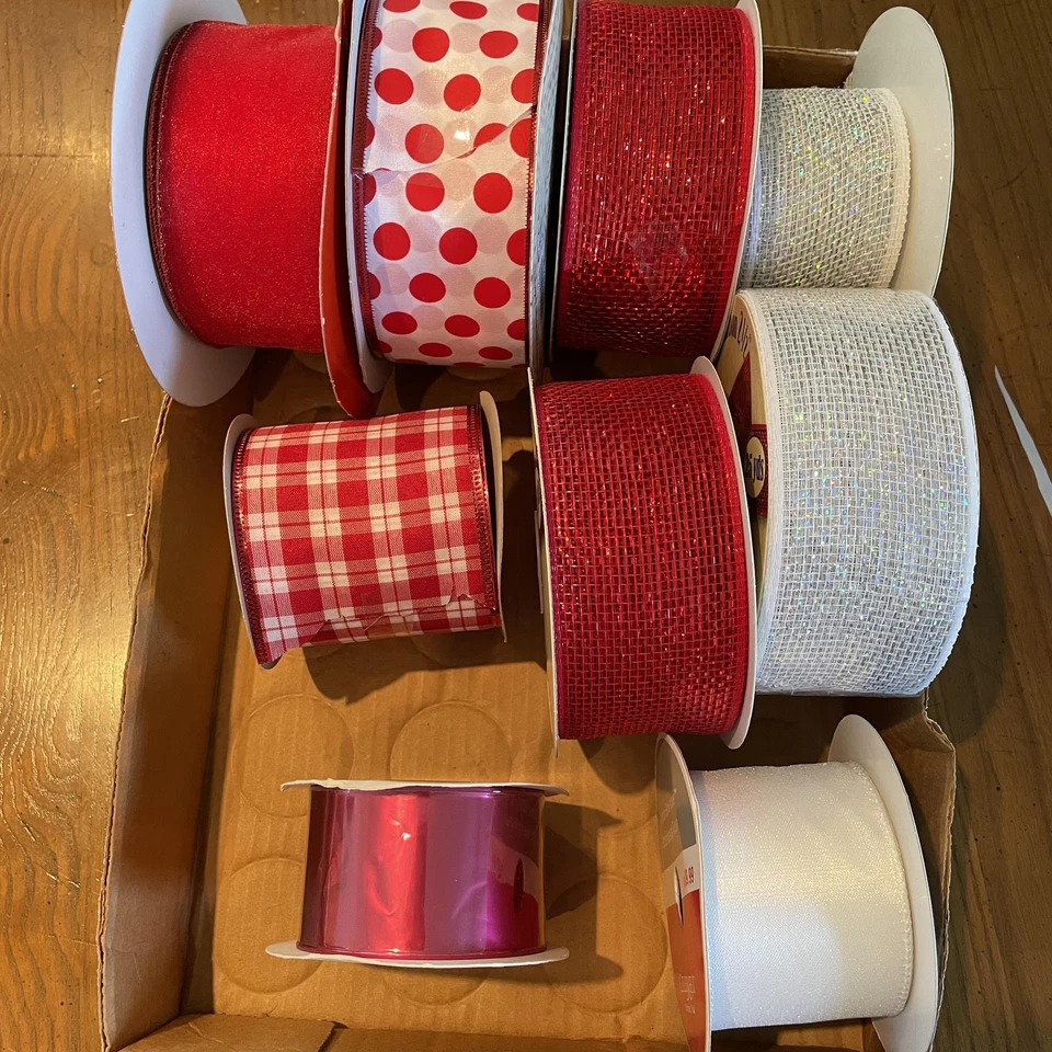Christmas Craft Ribbon Lot 2.5 Inch Wired Red White Polka Dot Mesh Glitter - Image 1 of 4