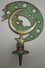Vintage 1994 PartyLite Green & Gold-Tone Moon & Stars Taper Candle Sconce Holder