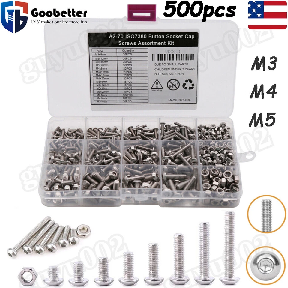 Kit surtido de arandela de tuerca pernos de tornillo hexagonal con cabeza de botón 500 piezas M3 M4 M5 Foto 1 de 4