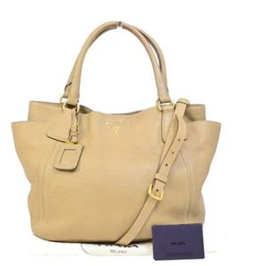 PRADA Logo 2Way Shoulder Hand Bag Vitello Phenix Leather Beige Cannella 70EB883 - Picture 1 of 19
