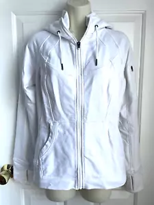 Giacca Athleta taglia small bianca full zip con cappuccio fori pollice maniche cotone pesante - Foto 1 di 7