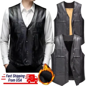 Mens Leather Vest Black Warm Biker Motorcycle Waistcoat Autumn Winter PU Vest - Picture 1 of 29