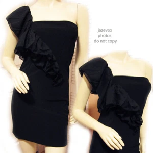 Neu Rüschen One Shoulder Bodycon Minikleid Schwarz XS Glam Chic Party Sexy Glamour - Bild 1 von 11
