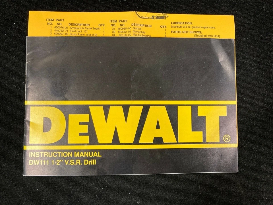 DEWALT DW111 1/2" CORDED V.S.R. DRILL OWNER'S MANUAL & PARTS LIST - Image 1 of 1
