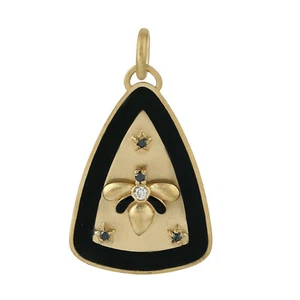 18K Yellow Gold Black Enamel Bee Pendant with Diamonds and Star Elegant Jewelry - Picture 1 of 6