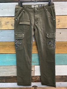MISS ME Crystal Cross CP1270 Cargo Pants Size 29 Olive Green Flap Pockets Studs - Picture 1 of 11