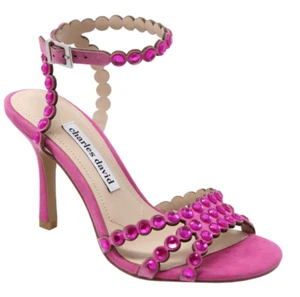 Charles David Sandals Ladies Size 5 Pink Rhinestones Suede Ankle Strap Heels - Picture 1 of 10