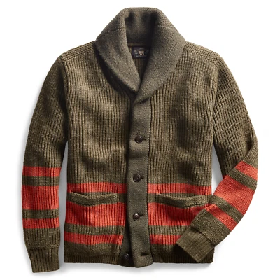 Nuevo RRL Ralph Lauren Lana Verde Suéter Chal Universitario Cárdigan a Rayas S Pequeño Foto 1 de 2