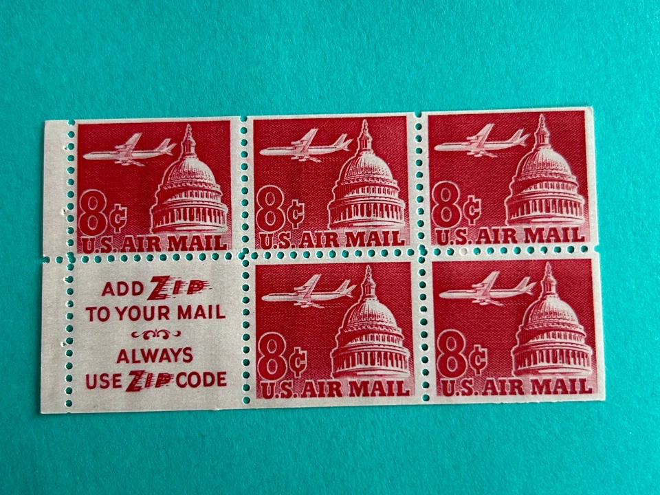 US Stamps SC# C64b Jetliner over Capitol 8c Bklt pane of 5+1 slogan-3 MNH 1964 - Image 1 of 1