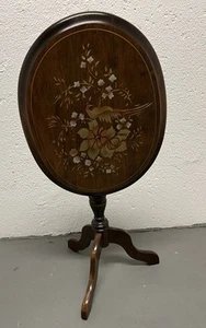 Antique Oval Hand Painted Bird And Floral Mahogany Tilt Top Table 19”x15”x24” - Picture 1 of 6
