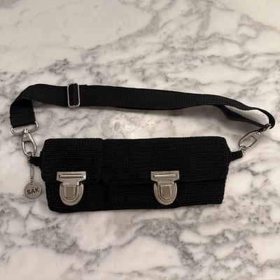 The Sak Black Crochet Belt Bum Fanny Pack Crossbody Waist Bag Silver HW - Image 1 of 4