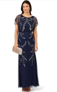 $179 NWT Adrianna Papell Beaded Flutter-Sleeve Blouson Lined Gown 12 Navy - Picture 1 of 6