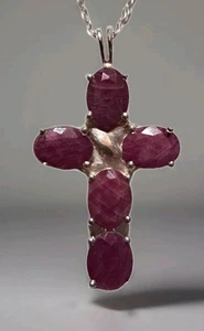 Genuine Red Indian Ruby Cross Pendant 925 Sterling Silver With 18" Chain - Picture 1 of 14