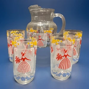 Vintage MCM Saft Tee Kanne mit Trinkglas Southern Bell Blumenmädchen - Bild 1 von 5
