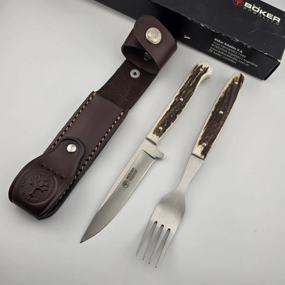 Boker Arbolito Stamigo Knife & Fork Dining/Picnic Set Stag Handle Leather Sheath - Image 1 of 4