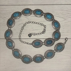 Navajo Style Silver & Turquoise Concho Chain Belt 34” - 42” Coastal Cowgirl - Picture 1 of 7