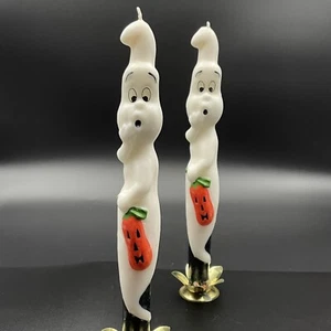 vtg Robert Alan Candle Co halloween ghost holding pumpkin candle sticks 2pc - Picture 1 of 12
