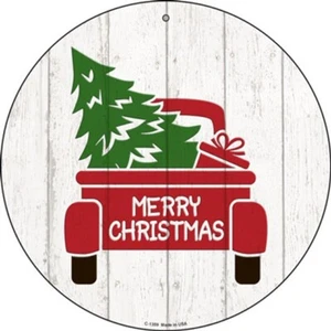 Merry Christmas Red Truck 12" Lightweight Metal Circle Sign - Picture 1 of 1