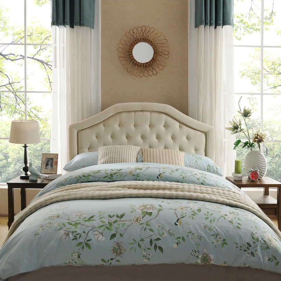 Maizyl Contemporary Queen/Full Beige Upholstered Headboard w/ Nailhead Accents - Image 1 of 4