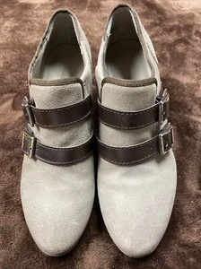 AUDREY BROOKE Suede Leather Ankle Boots Gray/Brown Sz 10M Slip On Buckle/Strap - Picture 1 of 11
