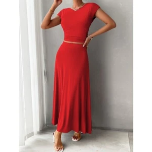 Women Comfy Skirt Sets For-Crew Neck Short Sleeve Waist Maxi Skirts Matching Set - Picture 1 of 30