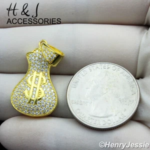 MEN WOMEN 925 STERLING SILVER ICY BLING CZ GOLD PLATED MONEY BAG PENDANT*G250 - Picture 1 of 4