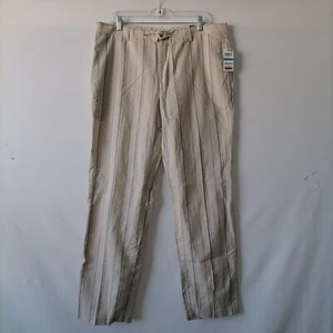 NWT INC Womens Tan Regular Fit Flat Front Striped Linen Trouser Pant Size 36x32 - Picture 1 of 9