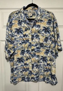 Vintage Herren Large Hawaiian Tropic Button Up Hemd Palme Gelb/Blau Strand - Bild 1 von 5