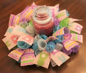 14" Easter Centerpiece, Candle Ring wreath ~ Deco Mesh, Bunnies, Bunny, Spring - Picture 1 of 6