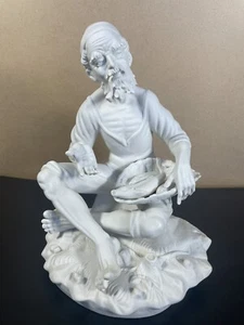DRESDEN WHITE BISQUE FISHERMAN SMOKING PIPE PORCELAIN FIGURINE 9.5" - Picture 1 of 10