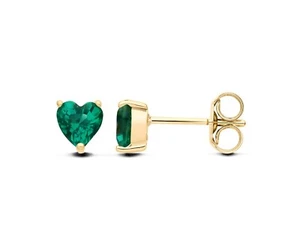 9ct Yellow Gold Created Emerald Heart Solitaire Stud Earrings - May Birthstone - Picture 1 of 8