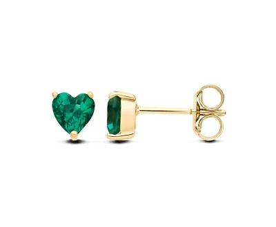9ct Yellow Gold Created Emerald Heart Solitaire Stud Earrings - May Birthstone - Image 1 of 4